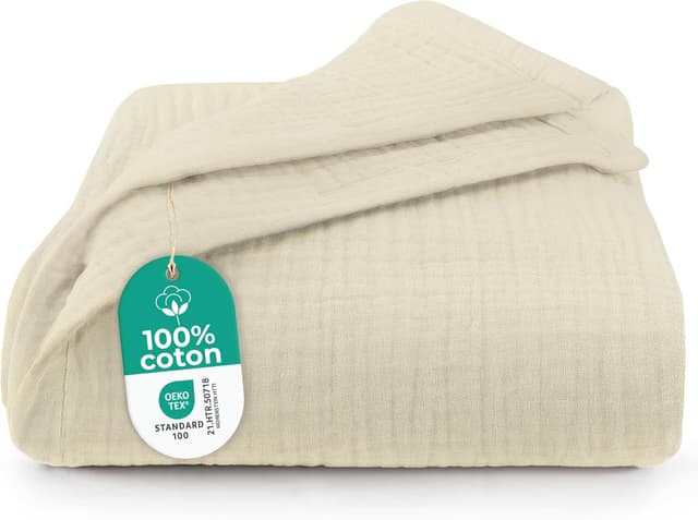 Detalle de Dreamzie Couverture en mousseline 220x240 cm en coton 4 couches Oeko-Tex ivoire