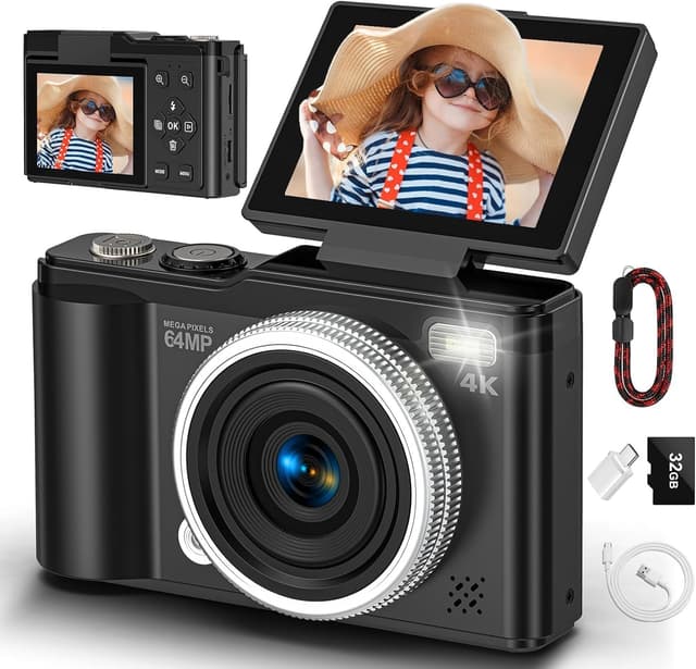 Detalle de Compact Digital Camera (4K 64MP) with Autofocus, Macro Mode & 180° Flip-Up Screen – Portable 32GB Micro SD Kit