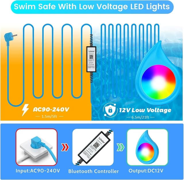 Detalle de LyLmLe Luci Piscina LED 20W sommerse RGB a 12V con controllo APP e cavo 8 m (IP68)