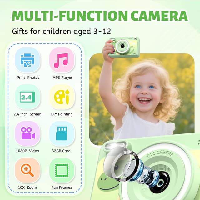 Detalle 2 de GREENKINDER Kids Camera Instant Print (1080P) with 2.4-inch screen, 5 print rolls and 32GB card for ages 3–12