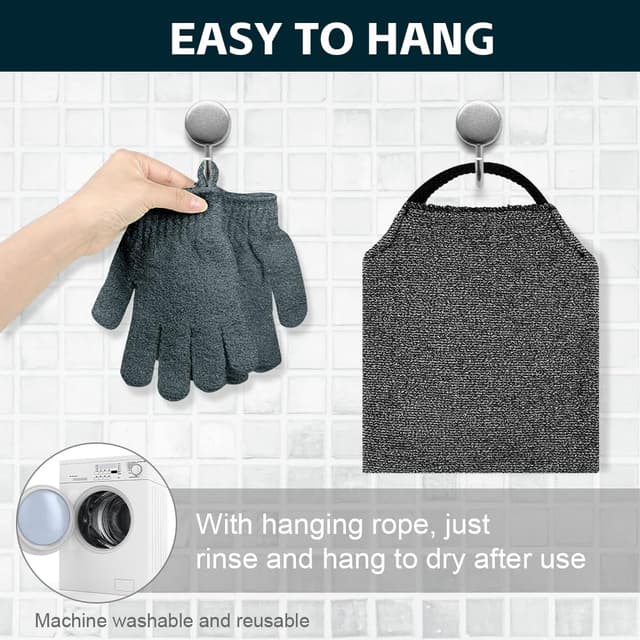 Detalle de Vicloon Peeling-Rückenreiniger: 2 Paar Peelinghandschuhe & doppelseitiger Rückenpeeling-Waschlappen mit Griffen