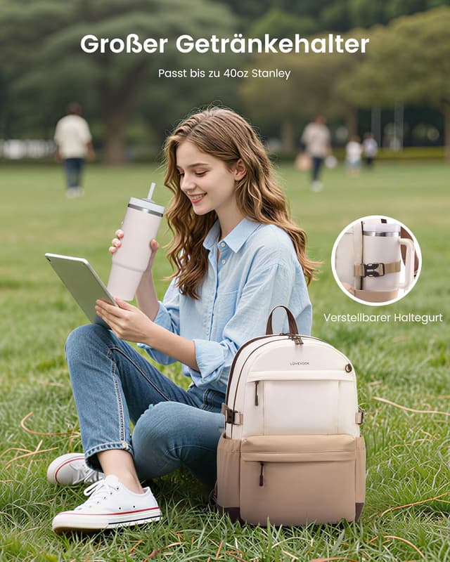 Detalle 2 de LOVEVOOK Damen-Rucksack für 15,6-Zoll-Laptop – Schulrucksack mit großem Getränkehalter und 4 Hauptfächern