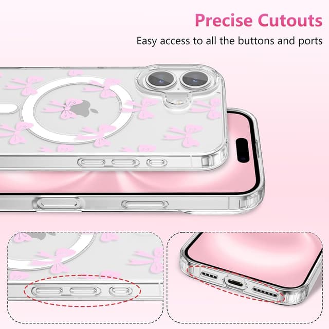 Detalle de ZTOFERA Magnetische Hülle für iPhone 16 Plus (6,7") mit transparentem Design und Schleifen-Motiv – Rosa