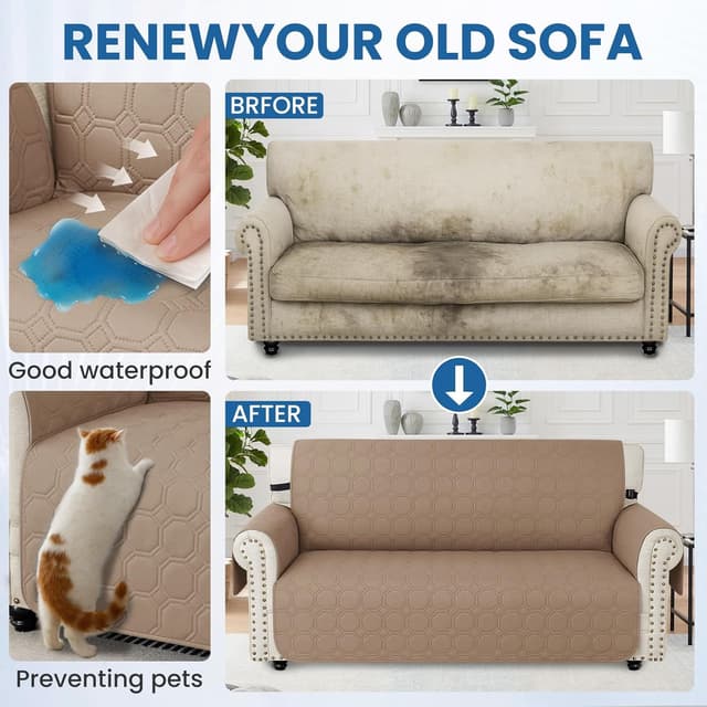 Detalle de Ystyle copridivano impermeabile 1 posto con braccioli, antiscivolo e tasca laterale – caffè chiaro