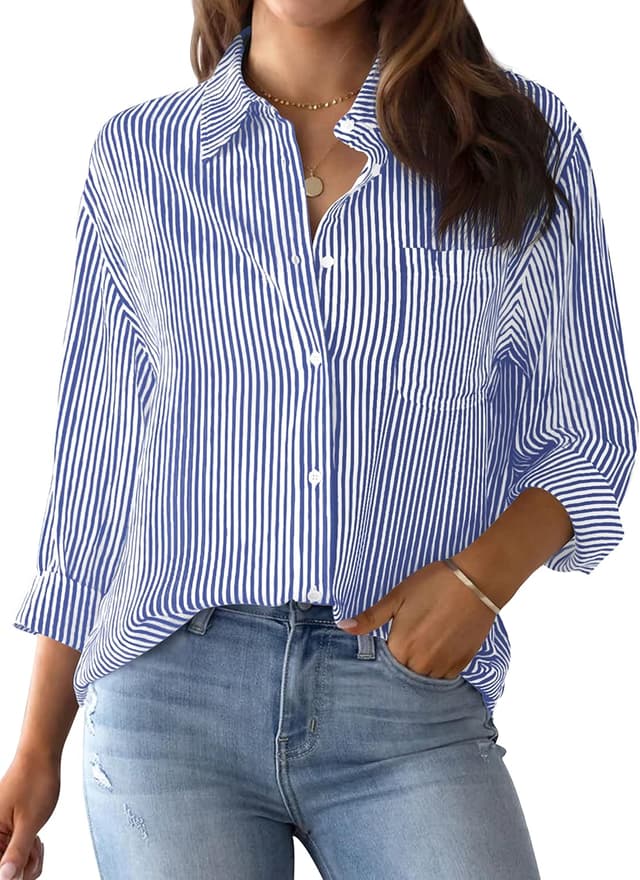 Detalle de AISEW Women’s Striped Button-Down Shirt with Pocket (Long Sleeve, Collared Office Blouse)
