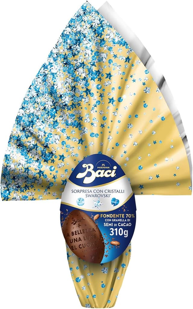 Detalle de Baci Perugina Uovo di Pasqua 2026 Fondente 70% con sorpresa Swarovski e 4 cioccolatini da 310 g