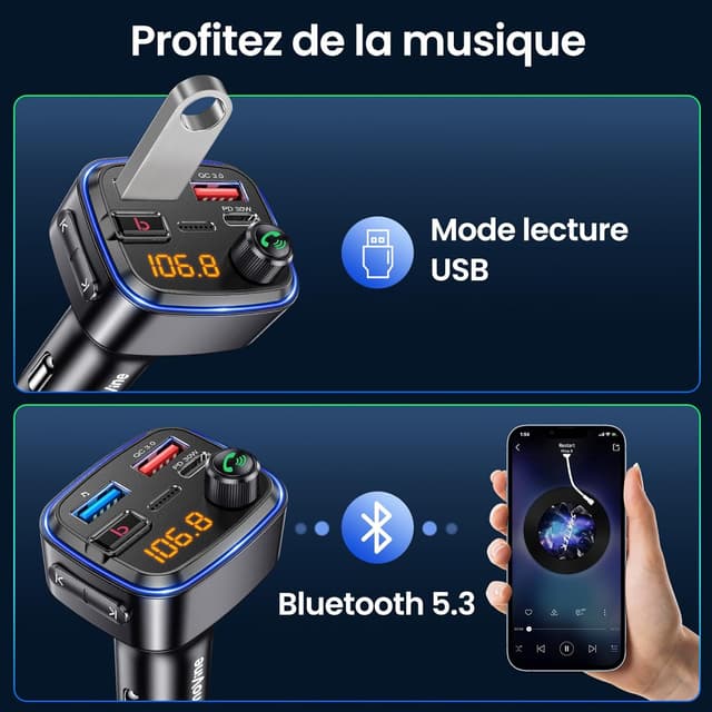 Thumbnail 1 de Gizmovine Emetteur Bluetooth Voiture FM USB PD 30W