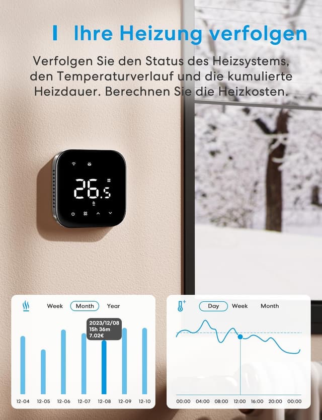 Detalle de meross Smart Thermostat (Matter) WLAN für Fußbodenheizung & Boiler – digitaler Heizungsthermostat