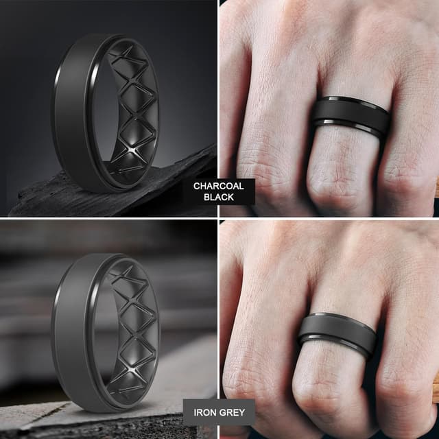 Detalle de Egnaro Men’s Silicone Wedding Band Rings (8.5mm wide, 2mm thick) — Inner Arc, Breathable & Hypoallergenic