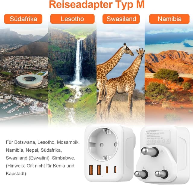 Thumbnail 4 de Denlane 5‑in‑1 Reiseadapter Südafrika mit USB‑C & USB‑A 🪫