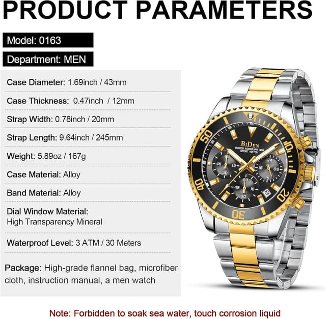 Thumbnail 6 de HANPOSH Herren Chronographen-Uhr aus Edelstahl mit Quarzwerk, Datum und 3ATM Wasserschutz