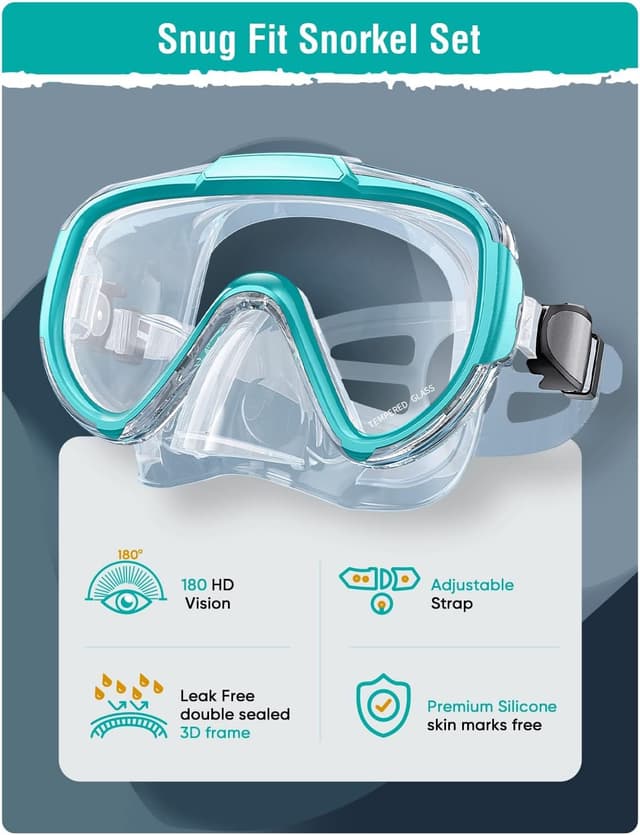 Detalle 2 de Lealinga adult snorkel set with anti-fog panoramic mask and dry-top snorkel