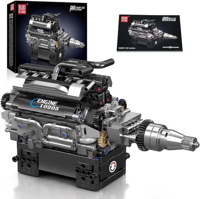 Detalle de Mould King 10205 Technik V12 – moteur en blocs de construction (733 pièces) avec boîtier batterie 9V
