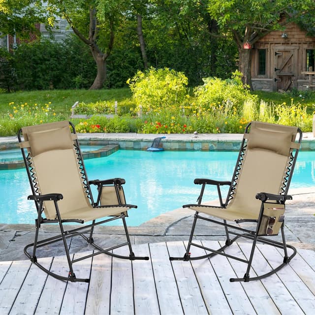 Detalle 2 de Yaheetech sedia a dondolo reclinabile pieghevole da esterno Beige con braccioli e poggiatesta, portata 120 kg