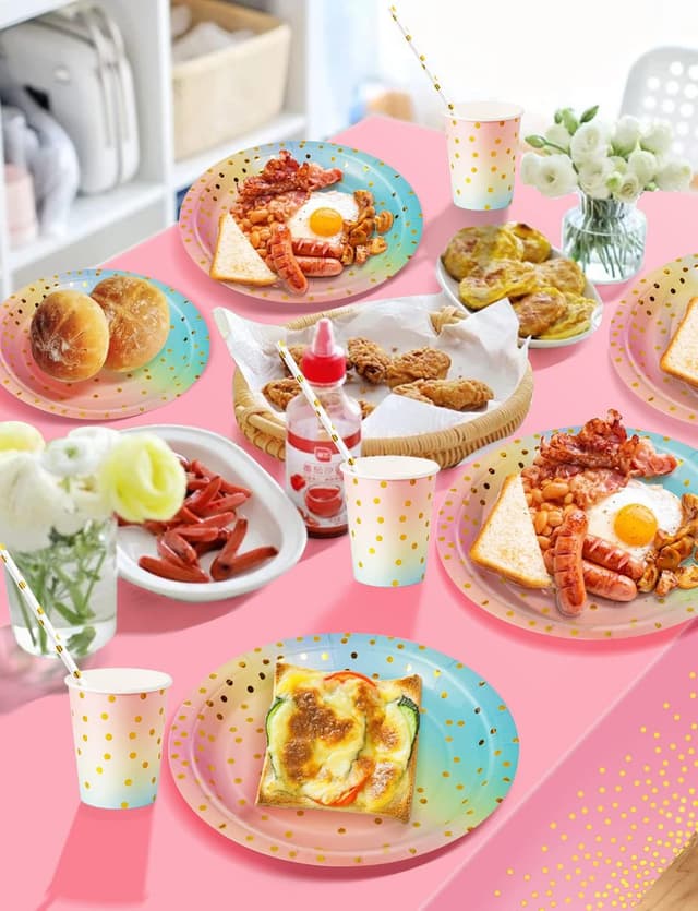 Detalle de Nkaiso 126-Piece Rainbow & Gold Party Tableware Set for 25 Guests