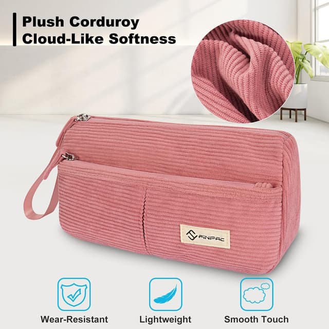 Detalle de FINPAC Trousse scolaire en velours côtelé avec poche zippée et dragonne (rose)