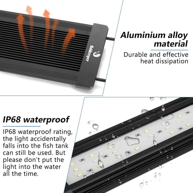 Detalle de fishkeeper Éclairage LED plein spectre pour aquarium 55 W, 10 niveaux et mode 24/7 (support rétractable 105–130 cm)