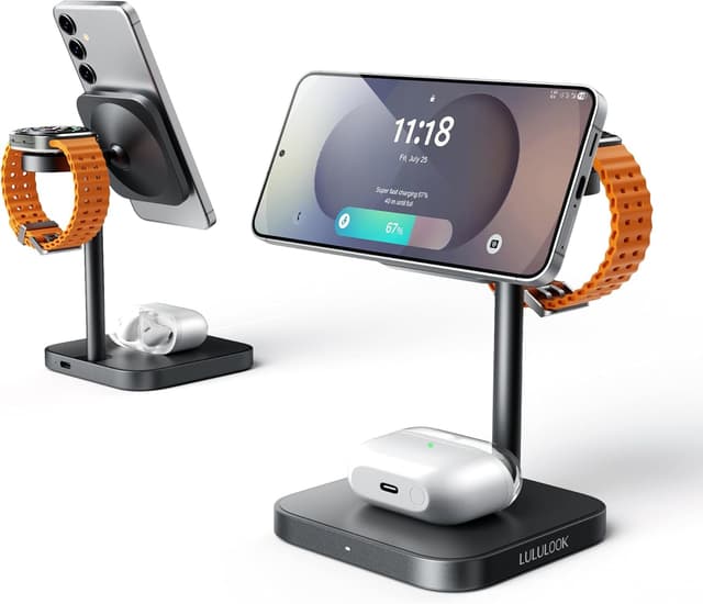 Detalle de Station de charge inductive 3 en 1 LULULOOK en aluminium pour Samsung S25 Ultra, Galaxy Watch 7 et Galaxy Buds (noir)