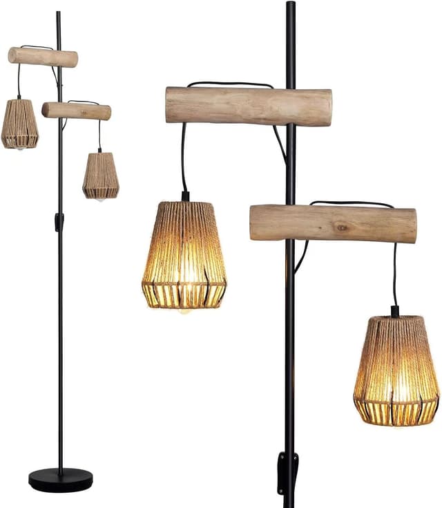 Detalle de Osasy Lámpara de pie Boho con ratán 2 pantallas