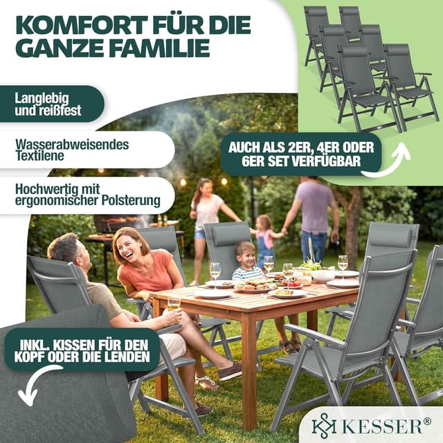 Detalle de KESSER Gartenstuhl Hochlehner mit Armlehnen – Aluminium Klappstuhl mit Kopfkissen, Abdeckung & 7-fach verstellbarer Rückenlehne