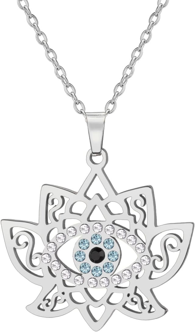 Detalle de Dreamtimes collier mauvais œil avec pendentif fleur de lotus en acier inoxydable pour femme