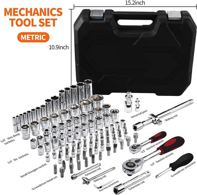 Detalle 2 de HUIYOPU 108-Piece Socket Set with 1/4" & 1/2" ratchet, CR-V bits and tools for DIY, cars and bicycle repairs