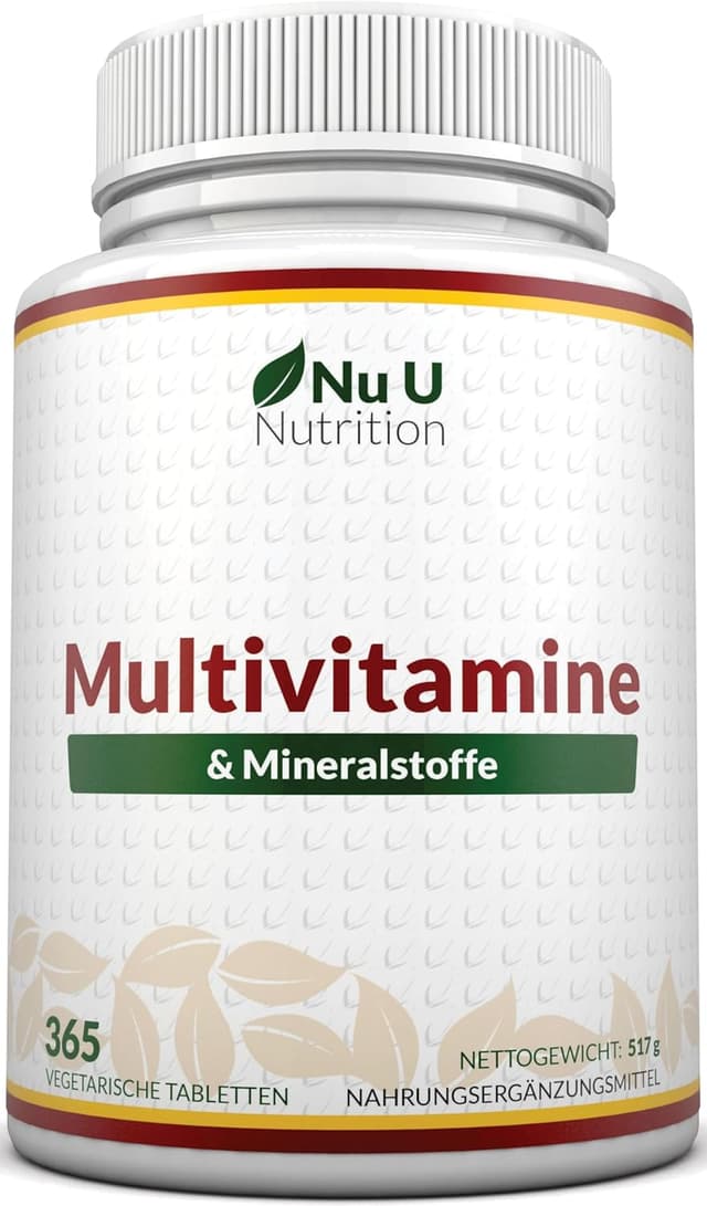 Detalle de Nu U Nutrition Multivitamin & Mineralstoffe A–Z – 365 vegetarische Tabletten (A–Z, 25 Nährstoffe pro Tablette)