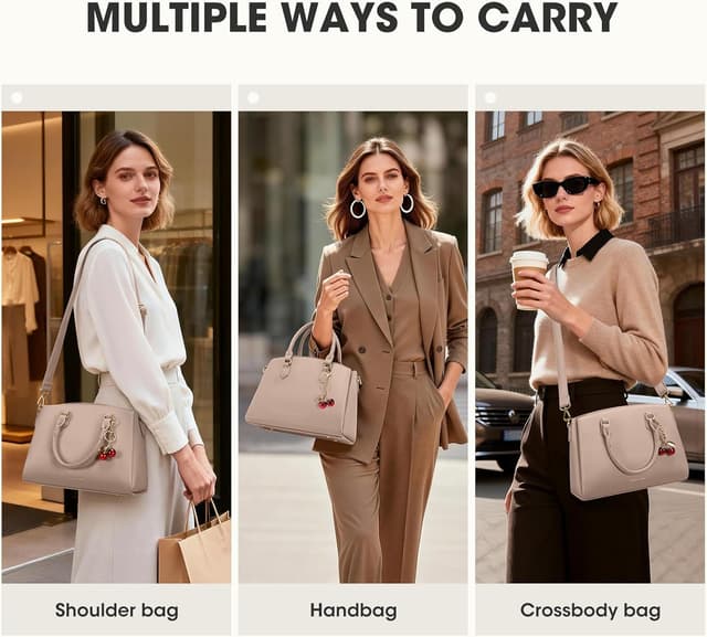 Detalle 2 de RAINSMORE Damen-Handtasche mittelgroß aus PU mit Henkeln & abnehmbarem Schulterriemen – für bis zu 11-Zoll-Tablet, Khaki