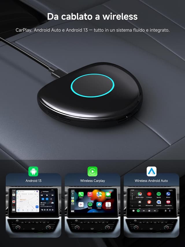 Detalle de ATOTODIRECT AI Box CB6C: adattatore wireless CarPlay e Android Auto con Android 13, 4G LTE, GPS e schermo diviso