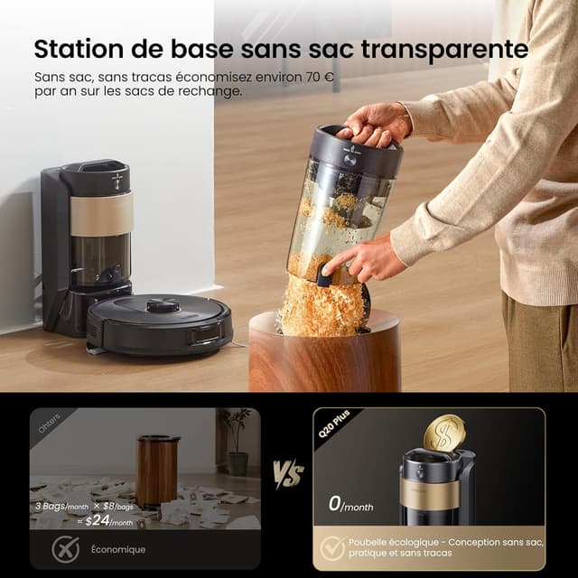 Detalle de Proscenic Q20 Plus : robot aspirateur laveur avec station sans sac, jusqu’à 10 000 Pa