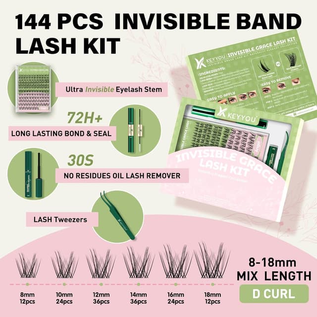 Detalle 2 de KEYYOU Angel lash Clusters Kit (D Curl, 144 pcs) Invisible Band Wispy Lash Extension Kit for DIY