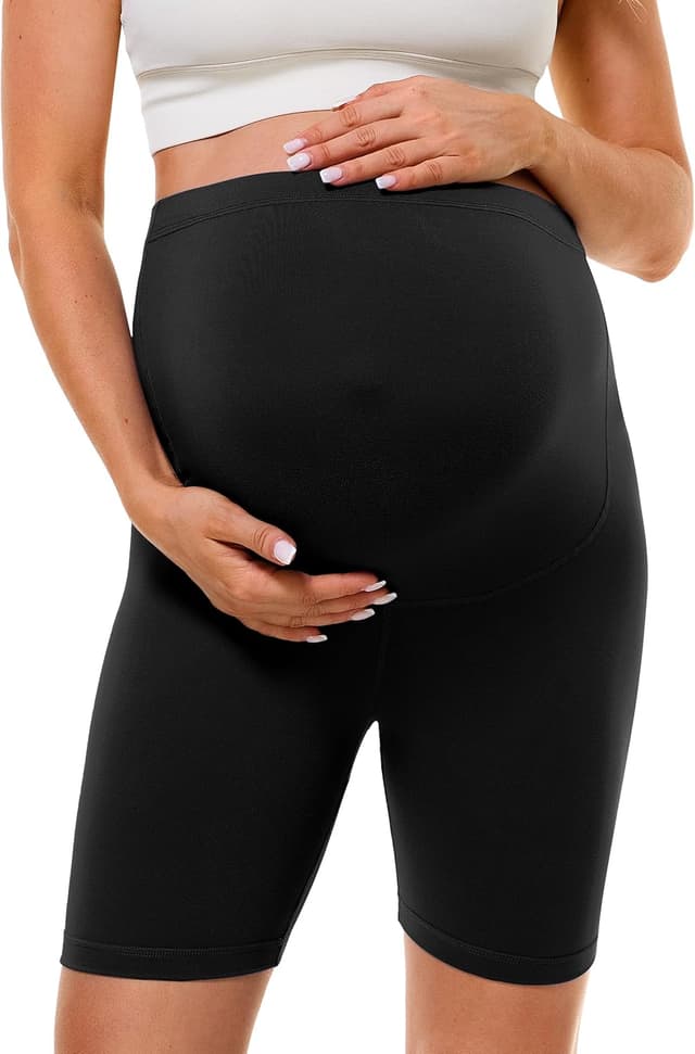 Detalle de BAYDI Creamlush Umstandshose kurz – Schwangerschaftsleggings mit verstellbarem Bund (13 cm)