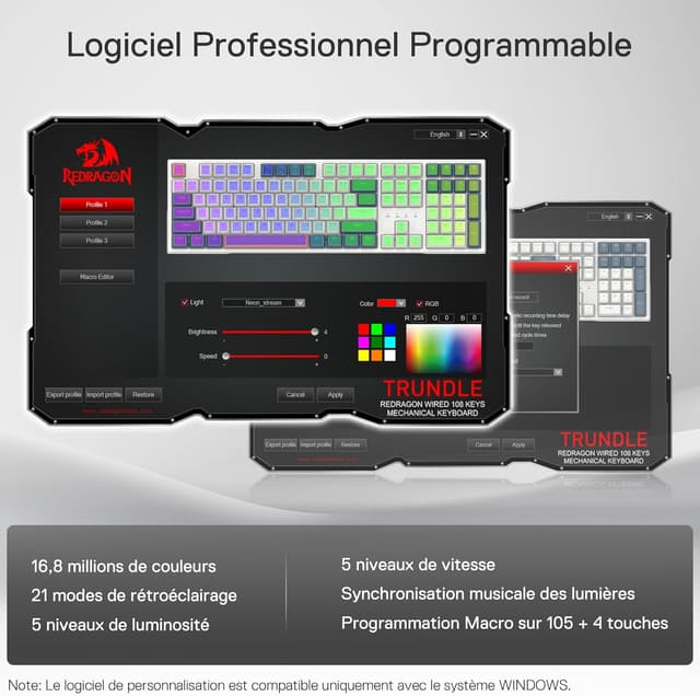 Thumbnail 6 de Redragon K668 clavier gaming mécanique filaire AZERTY 105+4, RGB et interrupteurs rouges remplaçables à chaud