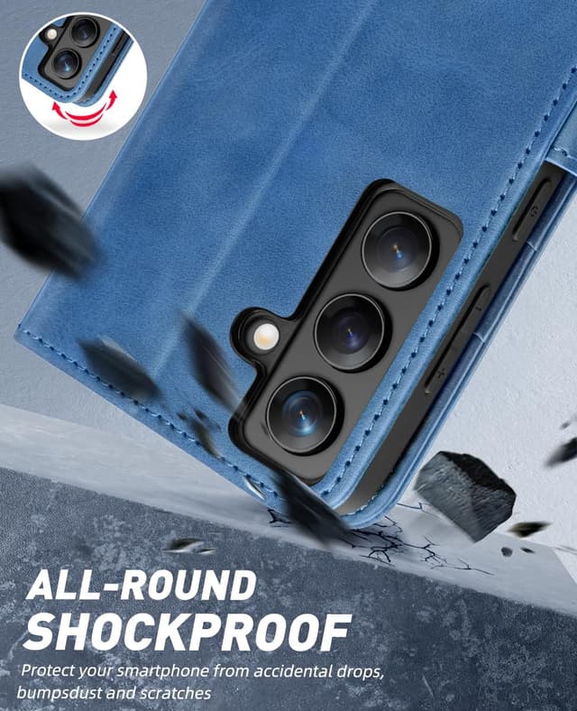 Detalle 2 de OCASE Handyhülle für Samsung Galaxy S24+ / S24+ Plus 5G – Flip-Schutzhülle mit Kartenfächern & Standfunktion, hellblau