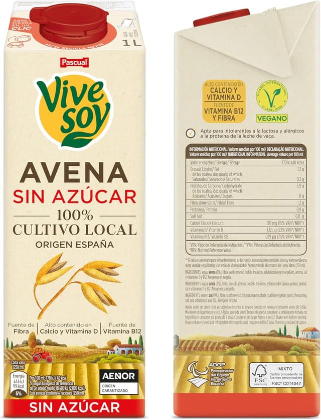 Detalle de Vivesoy Bebida Vegetal de Avena Sin Azúcar 100% Cultivo Local (Pack 6 x 1L)