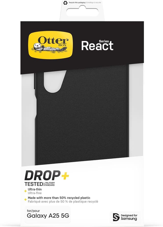 Detalle 1 de OtterBox React Series Cover per Samsung Galaxy A25 5G: ultrasottile, antiurto e testata MIL-STD 810G (Nero)