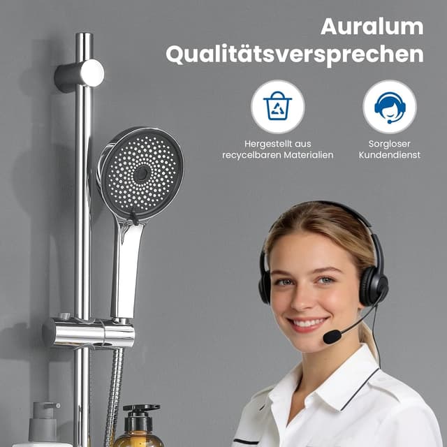 Detalle 2 de Duschstange Komplettset (70 cm) mit 5-fach Handbrause, Edelstahl-Schlauch & Ablage – ohne Duscharmatur, ohne Bohren