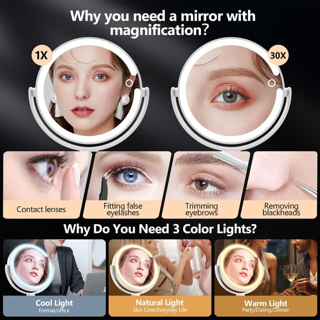 Detalle 2 de MIYADIVA Makeup Mirror with Lights (30X Magnifying) + 3-Color LED Vanity Illumination