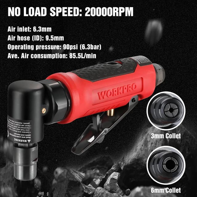 Detalle 2 de WORKPRO meuleuse d’angle pneumatique 1/4" (6,3 mm) 20 000 tr/min avec mandrin 3 mm et 6 mm
