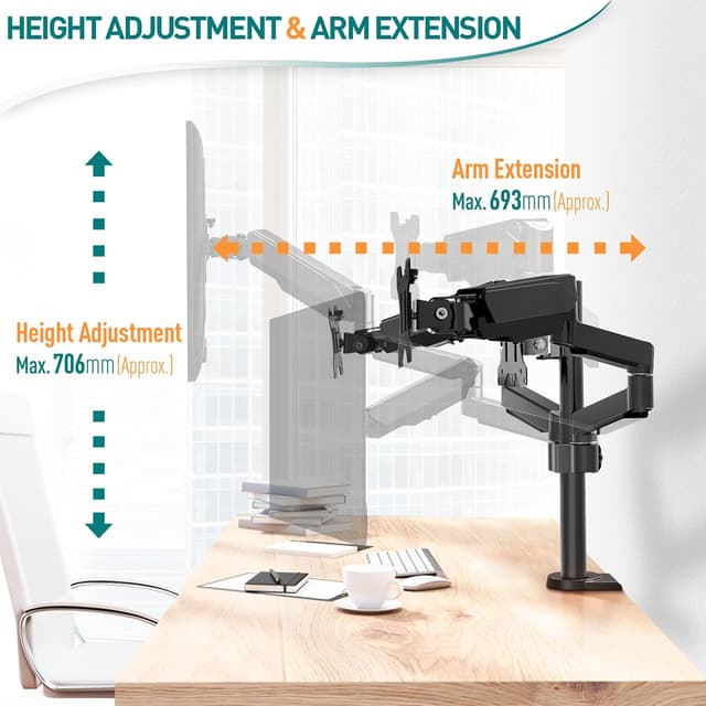 Detalle de ELIVED EV006 support de bureau réglable à gaz (VESA 75/100) pour écrans de 13 à 27 pouces, bras pour 3 moniteurs