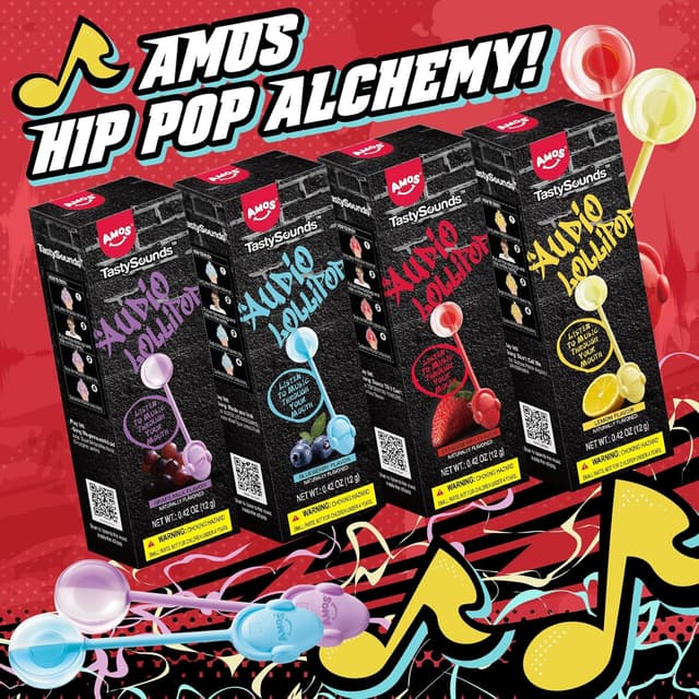 Detalle 2 de AMOS Musik-Lutscher Audio Lollipop 4er-Set (Erdbeere, Traube, Blaubeere, Zitrone) – zuckerfrei, glutenfrei, einzeln verpackt