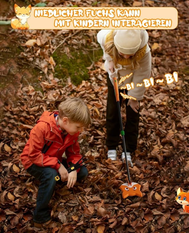 Detalle de Kinder-Metallldetektor OKESAM mit einstellbarem Schaft (30–38 Zoll), Suchspule mit Fuchs-Motiv, Set mit Schaufel und Rechen