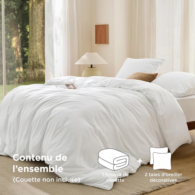 Detalle 2 de Bedsure Parure housse de couette 260x240 cm en microfibre polyester certifiée Oeko-TEX (blanc) + 2 taies 65x65 cm