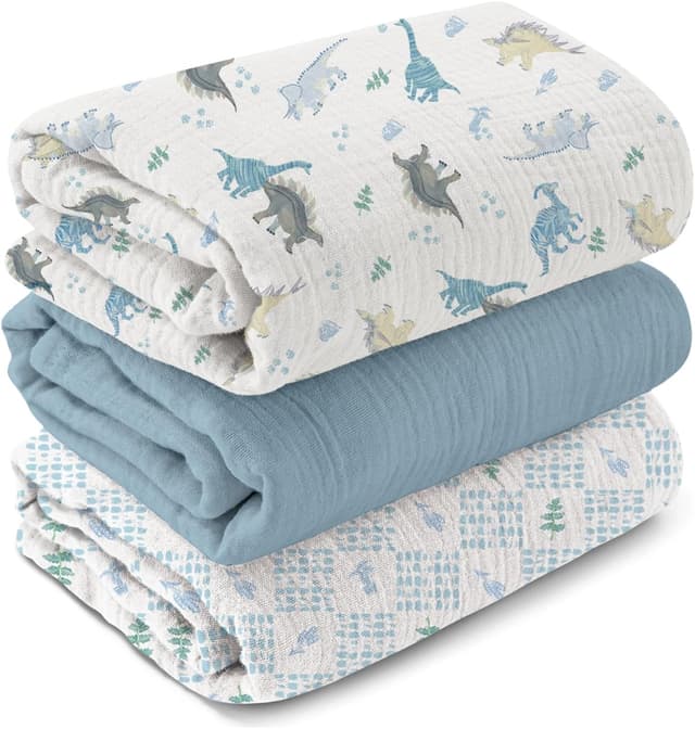 Detalle de Soarwg Kids Muslin Swaddle Baby Blanket (Pack of 3) – 95 x 100cm Dinosaur Print