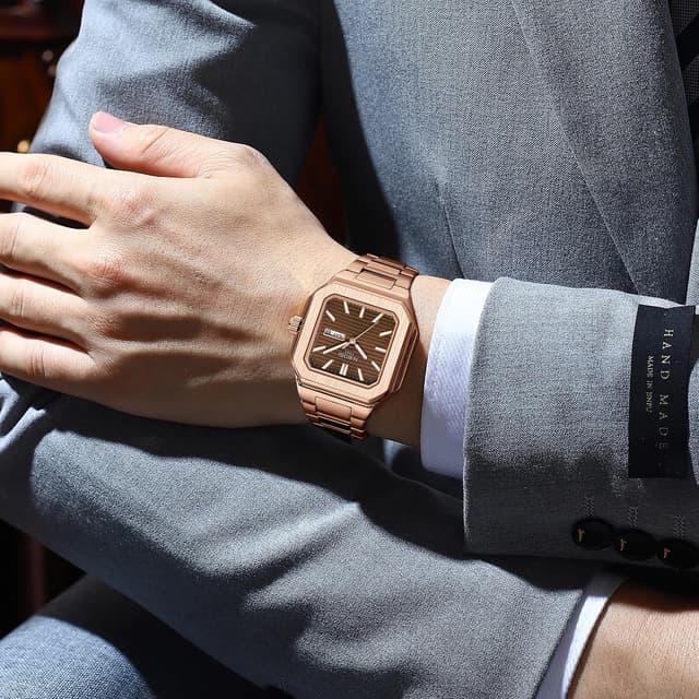 Detalle de NIBOSI Orologio da polso da uomo analogico al quarzo in acciaio inox quadrato impermeabile 3 ATM stile business