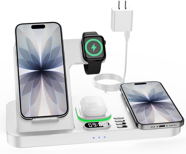 Detalle de Dual Phone Wireless Charging Station for Apple Devices (Magnetic Charging) with 7-Color Light & 12-Hour Clock