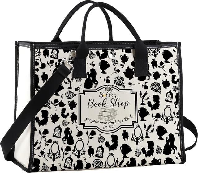 Detalle de JTOUK Beauty Movie Inspired Princess canvas tote bag with magnetic closure and adjustable strap