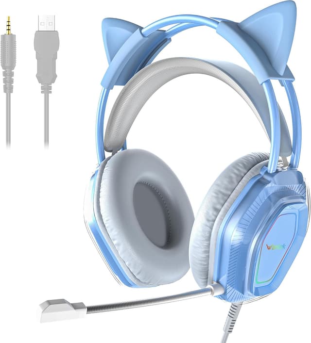 Detalle de Wantek Wantak Katzenohr Kopfhörer mit Mikrofon (kabelgebunden, 3,5 mm/USB) – Gaming-Headset für PC, PS5, Xbox – Noise Cancelling, 20–20.000 Hz, Blue