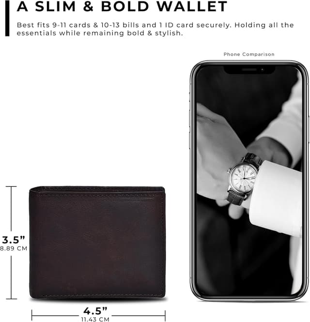 Detalle de Oak Leathers brown leather bi-fold wallet for men with 9 card slots and RFID blocking