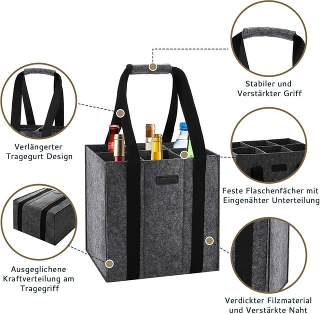 Detalle de Lewooilt Filz-Flaschentasche für 6 Flaschen (1,5 l), 6 Fächer
